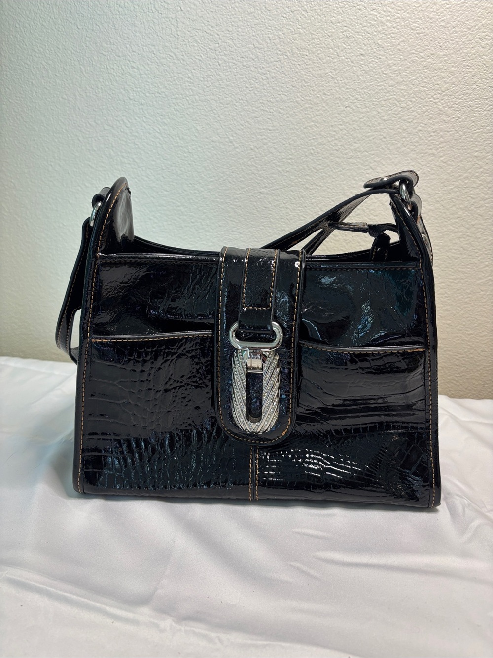 Madi Claire Patent Black Shoulder Bag with Buckle